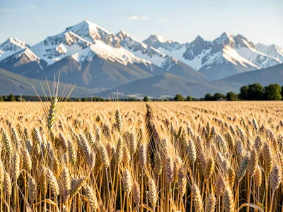 Young wheat with snow mountains beyond