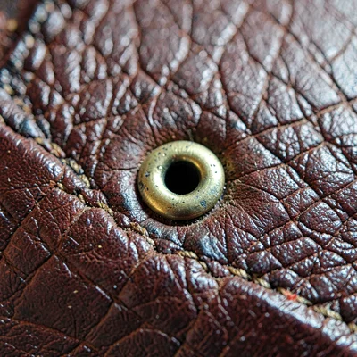 Macro of a brass eyelet set into thick leather, slight tarnish