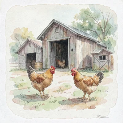 loose painted barnyard scene with chickens, faded edges