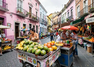 Pink colonial facades and mercado abundance in Mexico City, street vendor cart w