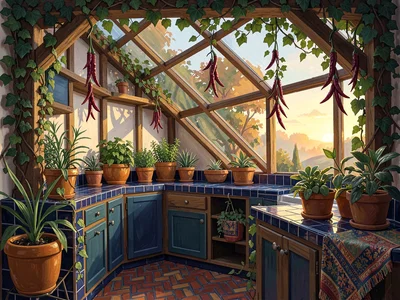 Ivy-draped greenhouse-kitchen hybrid at golden hour with one slanted glass roof,