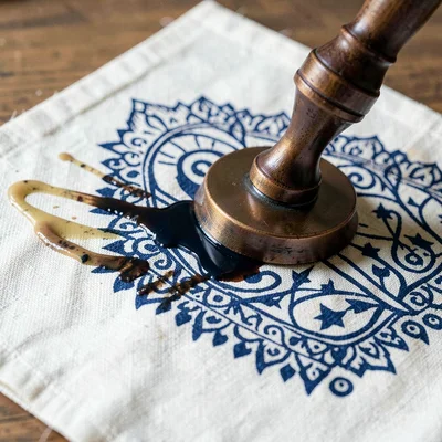A copper stamp (cap) inked with wax and pressed onto cotton — the moment of cont