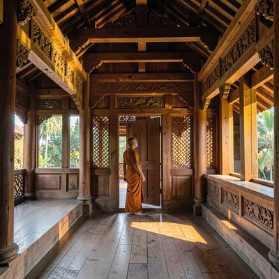 inside a Burmese monastery teak hall at clear morning, carved beams glowing ambe