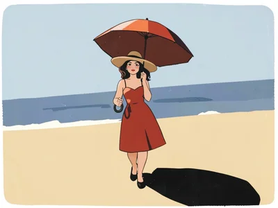 Woman in a wide-brimmed hat at the beach, umbrella casting flat shadow shapes