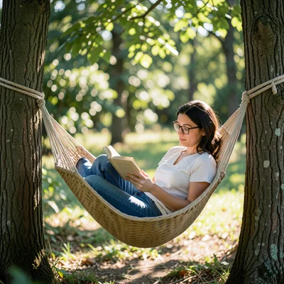 Person reading a book in a hammock strung between two trees, dappled sunlight