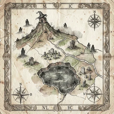A regional folklore map of a haunted countryside with a witch's hill, a cursed l