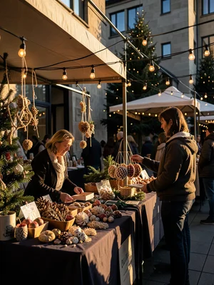 Vendor at holiday market selling handmade ornaments, string lights