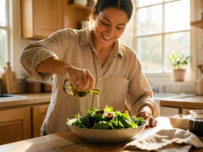 A woman in an oversized linen shirt pouring olive oil over a bright green salad 