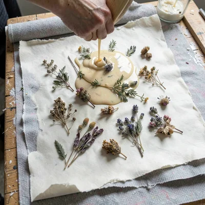 A group of botanical inclusions laid on a fresh wet sheet before a second pour c