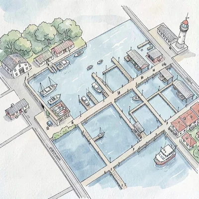 illustrated harbor town map with marina, fish market, ferry terminal, lighthouse