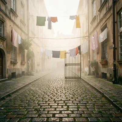 Humid atmospheric scene, Central European grandeur, Cobblestone courtyard with m
