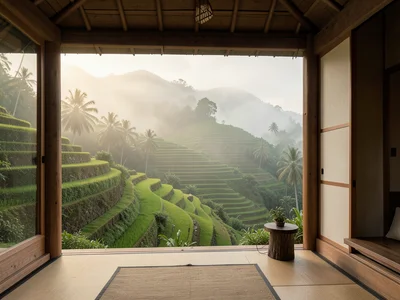 Balinese rice terraces in morning mist, emerald green steps cascading down a hil