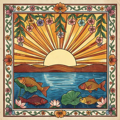 Sun disc rising above horizon — rays alternating with hanging flowers