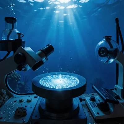 Deep oceanic blue saturation, light filtering through density, A scientific micr