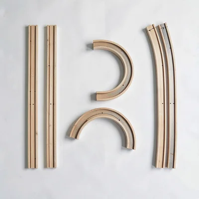 Catalog top-down of track shapes — straight, curve, switch — arranged tidily