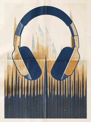 Riso poster motif of halftone headphones over a halftone soundwave in indigo and