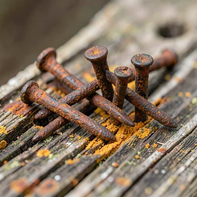 Rusted nails in weathered wood, iron meeting cellulose, material marriage