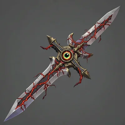 Fantasy weapon illustration, a demonic sword with eye in pommel, veins of corrup