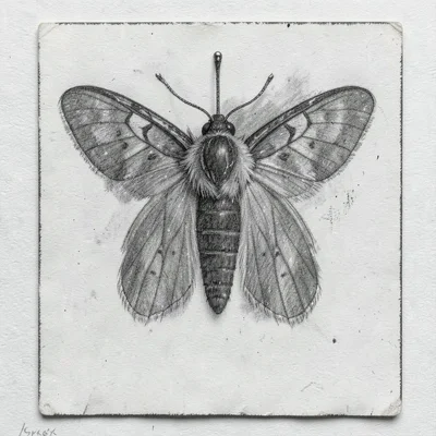 Indira-banerjee style charcoal of a moth specimen pinned on a board, paper-tooth