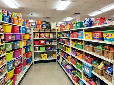 Storage solutions row, bins and baskets and organizers, colorful sorting promise