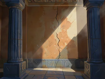 Egyptian-style tomb antechamber with a single crack-of-dawn shaft on painted wal