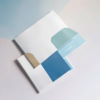 A vertical stack of three abstract booklet mockups overlapping at corners, top b