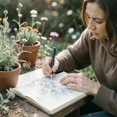 Soft natural light photograph, Nature journaling outdoors, sketching plants, min