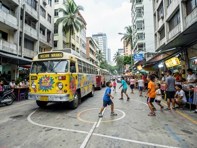 Children playing basketball between buildings