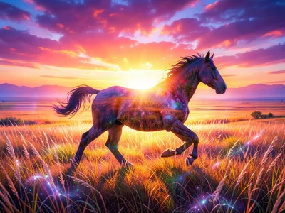 Horse running silhouette merged with prairie grasslands at sunset, double exposu