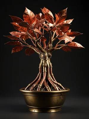 Mechanical tree with copper leaves that unfurl, roots made of pipes, in a brass 