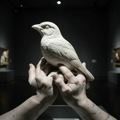 A pair of marble hands holding a bird, the fingers gently cupped, the bird's fea