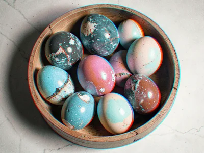 A collection of colored mineral eggs in a wooden egg-cup tray, each egg's roundn