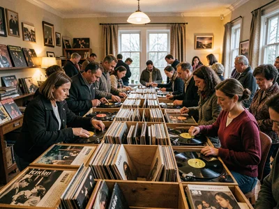 Record fair table hunting, bins of possibilities, crowded passionate searching