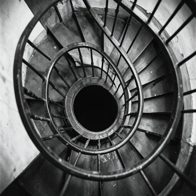A spiral staircase viewed from above, the iron railing creating a perfect logari