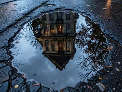 Haunted house facade reflected in street puddle, halloween night, inverted