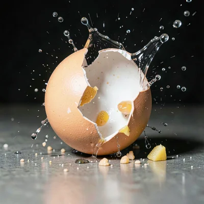 Egg dropped on floor at instant of shell fracture before contents spread