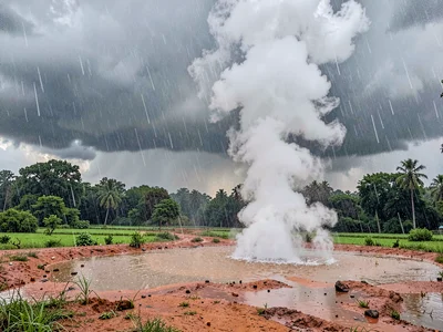 Steam rising as rain hits hot ground
