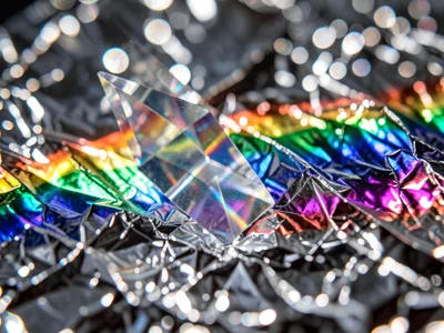 Rainbow band across crumpled aluminum foil, spectrum distorted by the foil's com