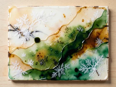 Encaustic wax layers in winter white and deep green, translucent frost abstracti