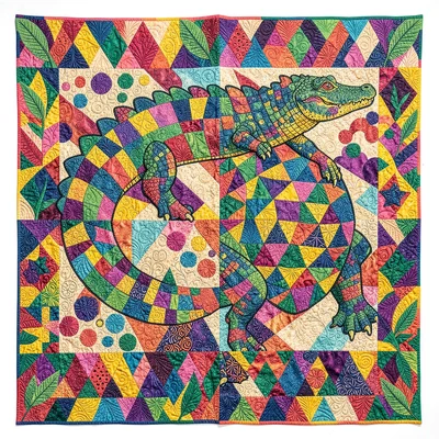 Panamanian mola textile illustration, a crocodile with geometric scale layer pat