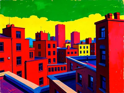 Urban rooftop scene, city skyline rendered in flat vivid blocks: red buildings, 