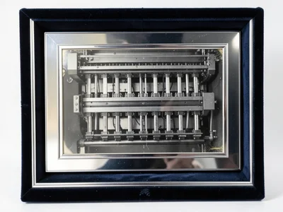 The print head assembly of a wide-format inkjet printer showing all twelve ink c