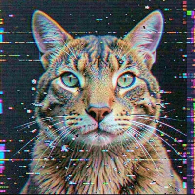 Animal portrait with selective corruption targeting only rounded shapes, geometr