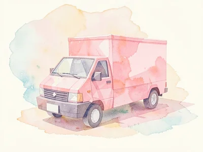 Faceted rose-quartz lowpoly delivery van with a boxy pink body and crisp faceted