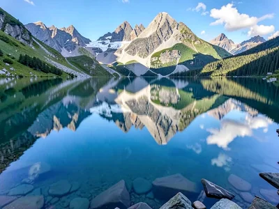 A perfectly still alpine lake reflecting peaks so precisely image could be flipp