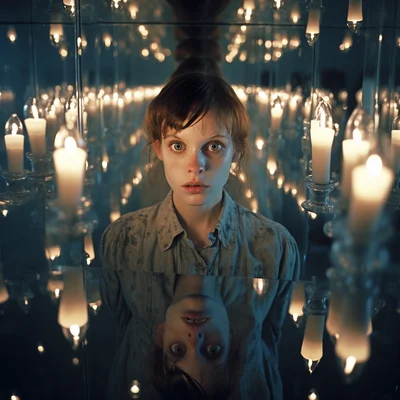 Photo In a dim room a candlelit face is reflected in