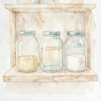 Watercolor of an empty pantry shelf with three glass jars, soft cream tones