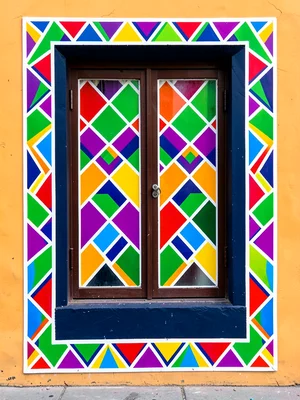 Window framed by painted surround — geometric border in electric primary colors