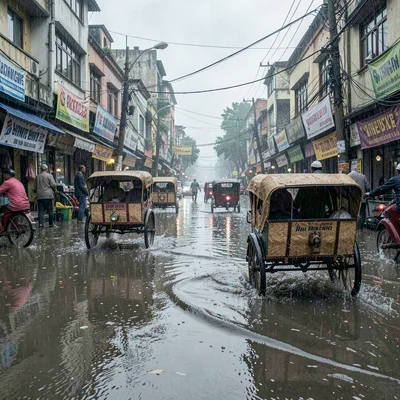 Kinetic density of Dhaka, Bangladesh, Monsoon flooding on Dhaka street, rickshaw