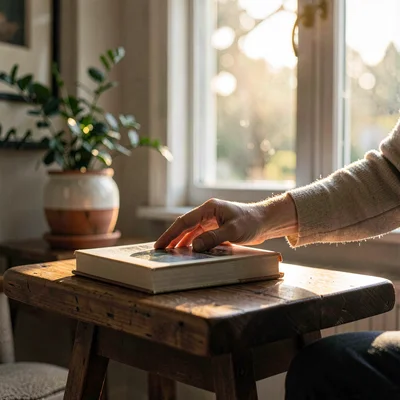 Atmospheric lifestyle of a hand placing a book on a side table, late afternoon w